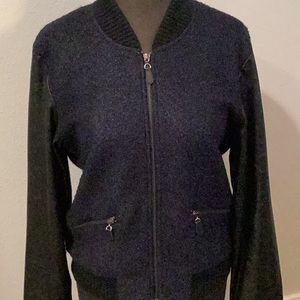 Women’s varsity style jacket, dark navy with black vegan leather sleeves